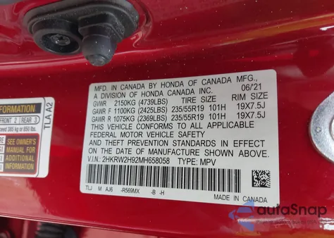 2021 Honda Cr-V Awd Touring z USA, uszkodzony, nr VIN 2HKRW2H92MH658058